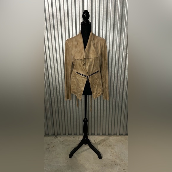 Joseph Ribkoff Jackets & Blazers - Women’s Joseph Ribkoff Tan Long Sleeve Wrap Faux Leather Jacket Designer Size 12